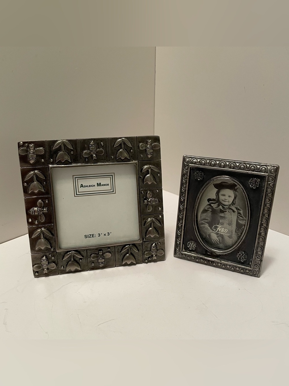 Vintage Lot Of 2 Pewter Small Frames Fetco And Ashleigh Manor 1.5x2.5 And 3x3